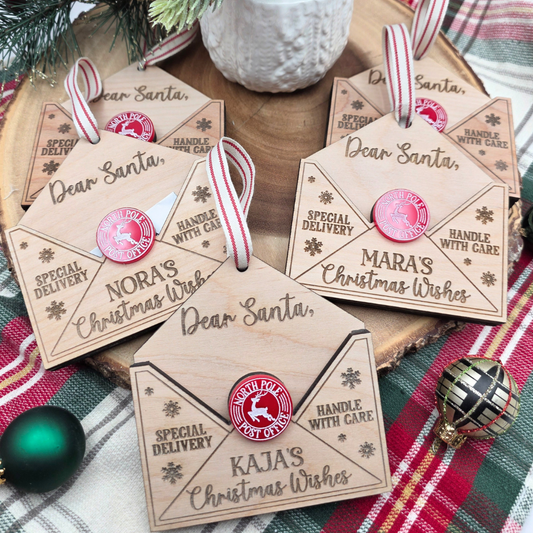 Personalized Dear Santa Wish Ornament-  Birch Wood Christmas Envelope - Custom Christmas Keepsake