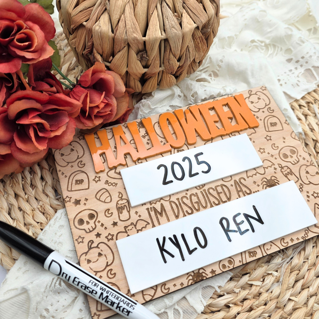 Halloween Costume Photo Prop: Engraved Birch Wood, Reusable Dry Erase