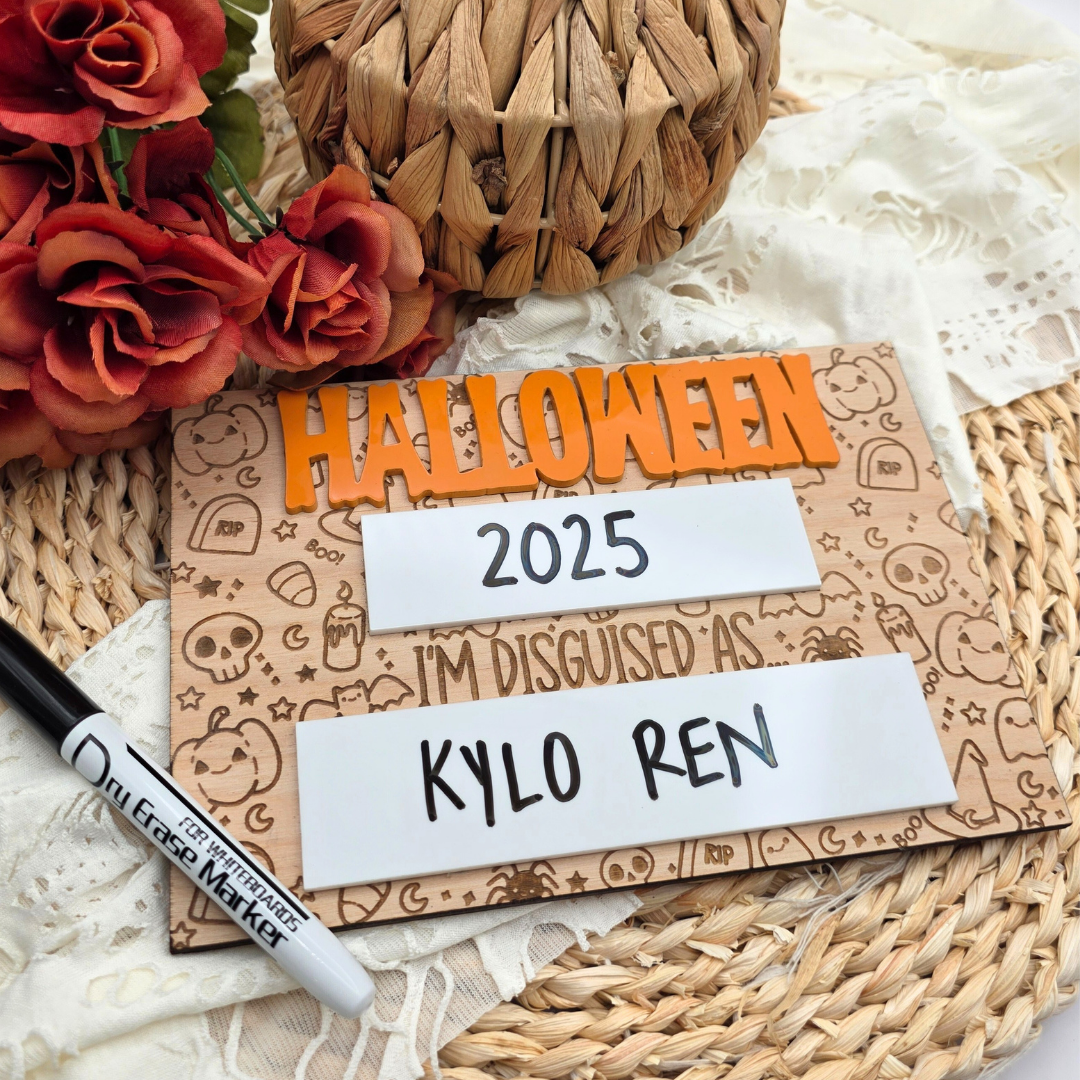 Halloween Costume Photo Prop: Engraved Birch Wood, Reusable Dry Erase