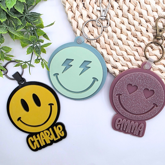Custom NFC Smiley Face Emergency Contact Tag - Personalized Safety Keychain | Heart Eyes, Lightning Bolt or Classic Face | Tap with Phone