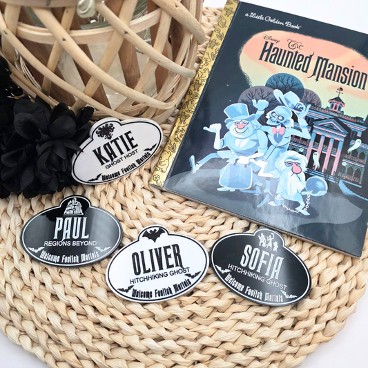 Personalized Haunted Mansion Cast Member Name Badge - Custom Acrylic Tag in Black or White - Spooky Souvenir Keepsake