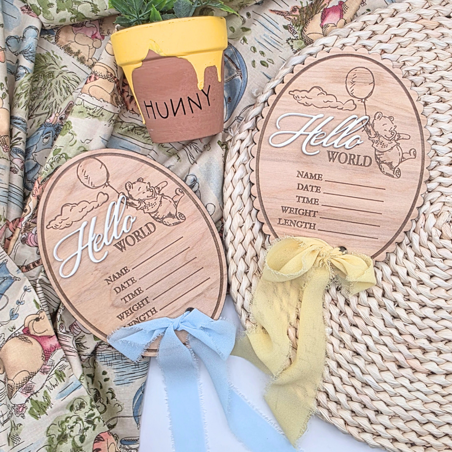 Pooh-Inspired Baby Stats Sign - Engraved Wood Birth Announcement | Scalloped or Oval | Acrylic “Hello” | Blue or Yellow Ribbon