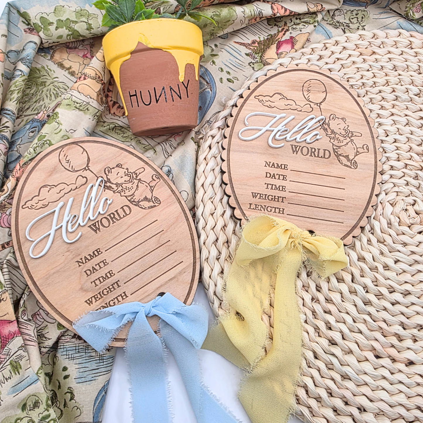 Pooh-Inspired Baby Stats Sign - Engraved Wood Birth Announcement | Scalloped or Oval | Acrylic “Hello” | Blue or Yellow Ribbon