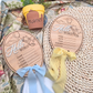 Pooh-Inspired Baby Stats Sign - Engraved Wood Birth Announcement | Scalloped or Oval | Acrylic “Hello” | Blue or Yellow Ribbon