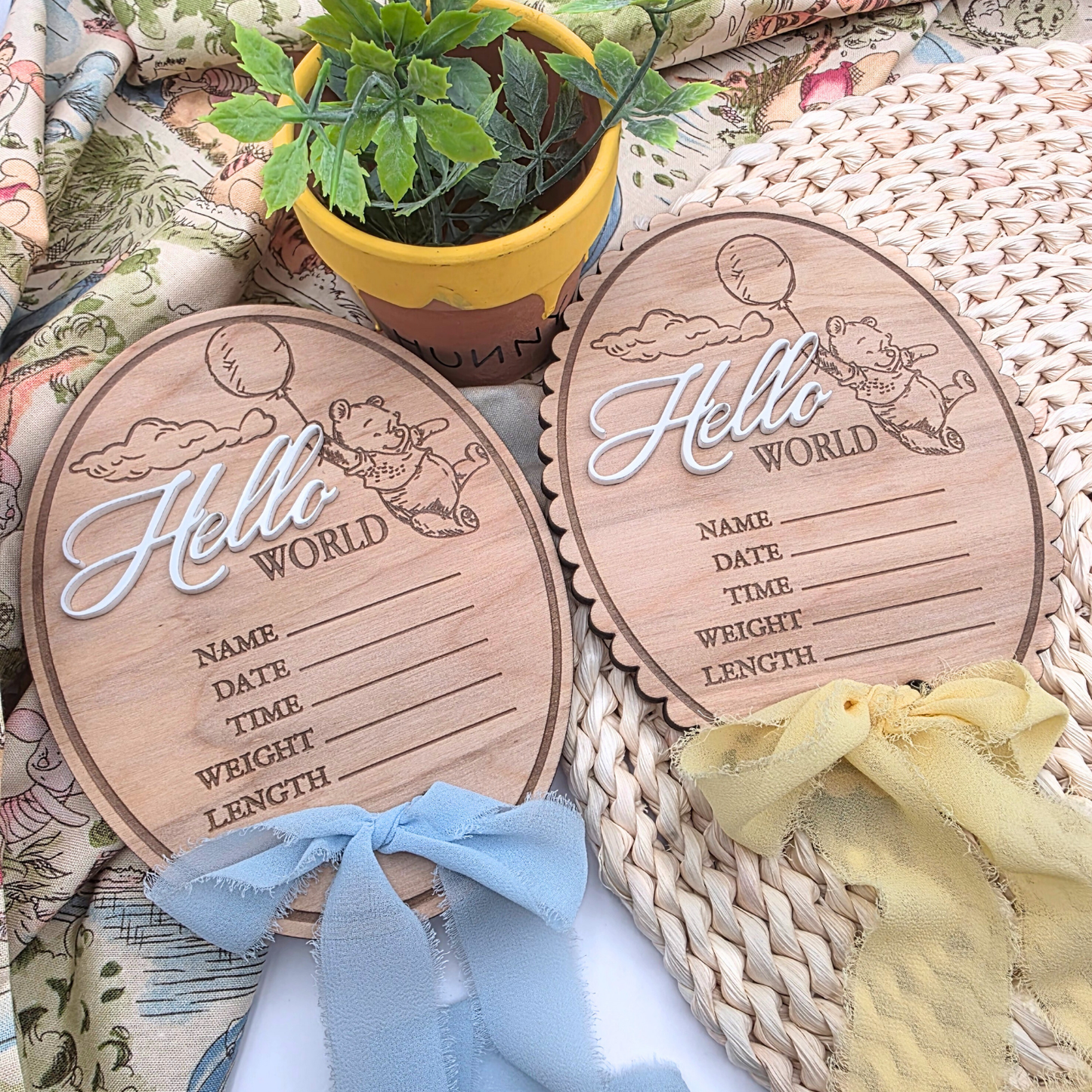 Pooh-Inspired Baby Stats Sign - Engraved Wood Birth Announcement | Scalloped or Oval | Acrylic “Hello” | Blue or Yellow Ribbon