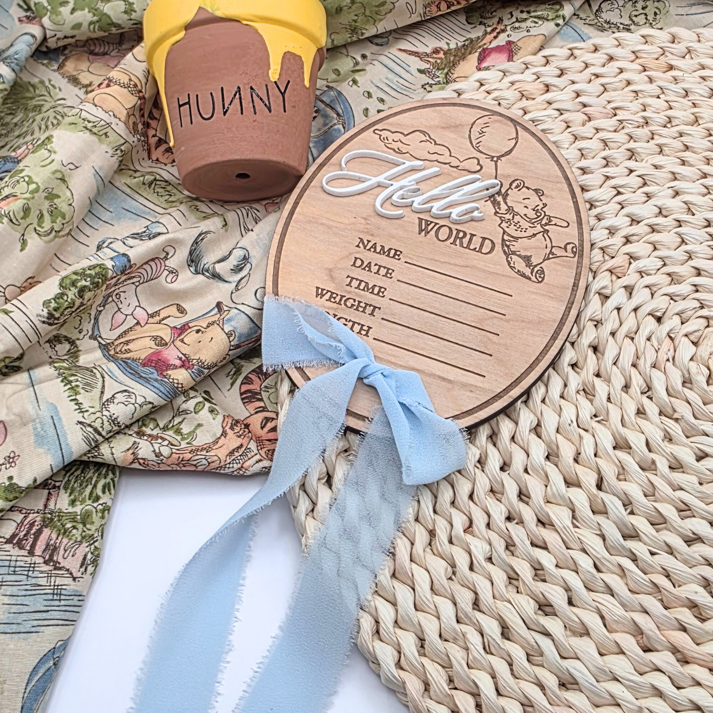 Pooh-Inspired Baby Stats Sign - Engraved Wood Birth Announcement | Scalloped or Oval | Acrylic “Hello” | Blue or Yellow Ribbon