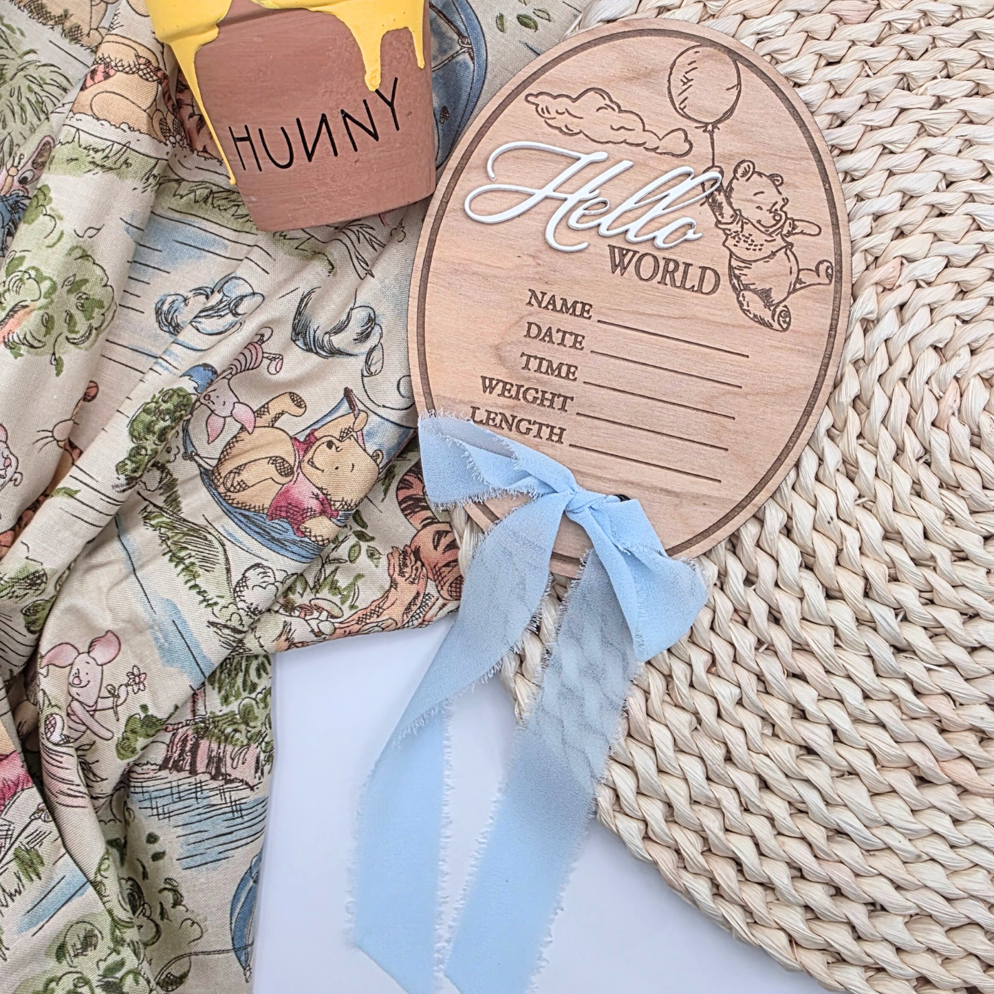 Pooh-Inspired Baby Stats Sign - Engraved Wood Birth Announcement | Scalloped or Oval | Acrylic “Hello” | Blue or Yellow Ribbon