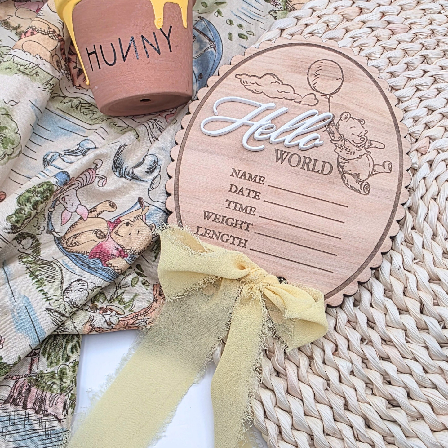 Pooh-Inspired Baby Stats Sign - Engraved Wood Birth Announcement | Scalloped or Oval | Acrylic “Hello” | Blue or Yellow Ribbon