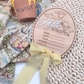 Pooh-Inspired Baby Stats Sign - Engraved Wood Birth Announcement | Scalloped or Oval | Acrylic “Hello” | Blue or Yellow Ribbon