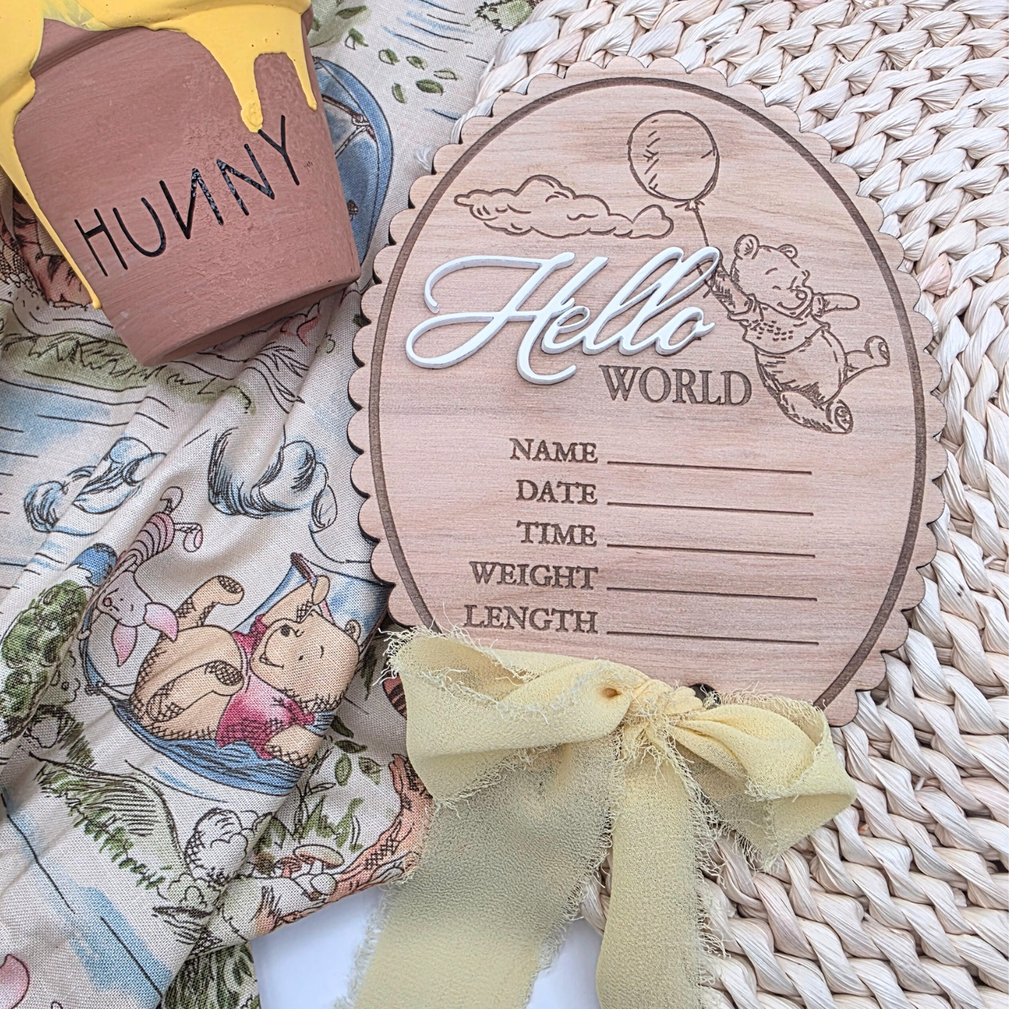 Pooh-Inspired Baby Stats Sign - Engraved Wood Birth Announcement | Scalloped or Oval | Acrylic “Hello” | Blue or Yellow Ribbon