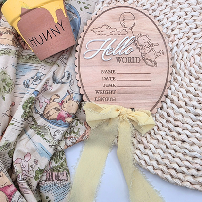 Pooh-Inspired Baby Stats Sign - Engraved Wood Birth Announcement | Scalloped or Oval | Acrylic “Hello” | Blue or Yellow Ribbon