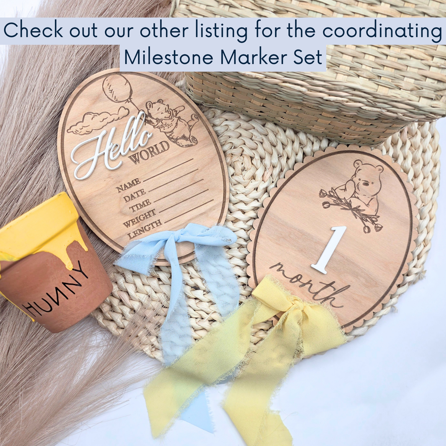 Pooh-Inspired Baby Stats Sign - Engraved Wood Birth Announcement | Scalloped or Oval | Acrylic “Hello” | Blue or Yellow Ribbon