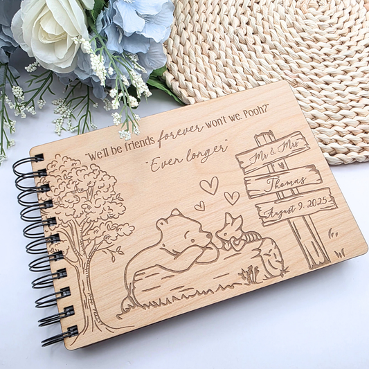 Woodland Friends Guest Book - Personalized Wedding or Baby Shower Book - A5 Wood Cover - Pooh Inspired Memory Keepsake