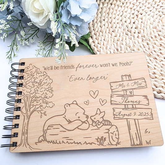 Woodland Friends Guest Book - Personalized Wedding or Baby Shower Book - A5 Wood Cover - Pooh Inspired Memory Keepsake
