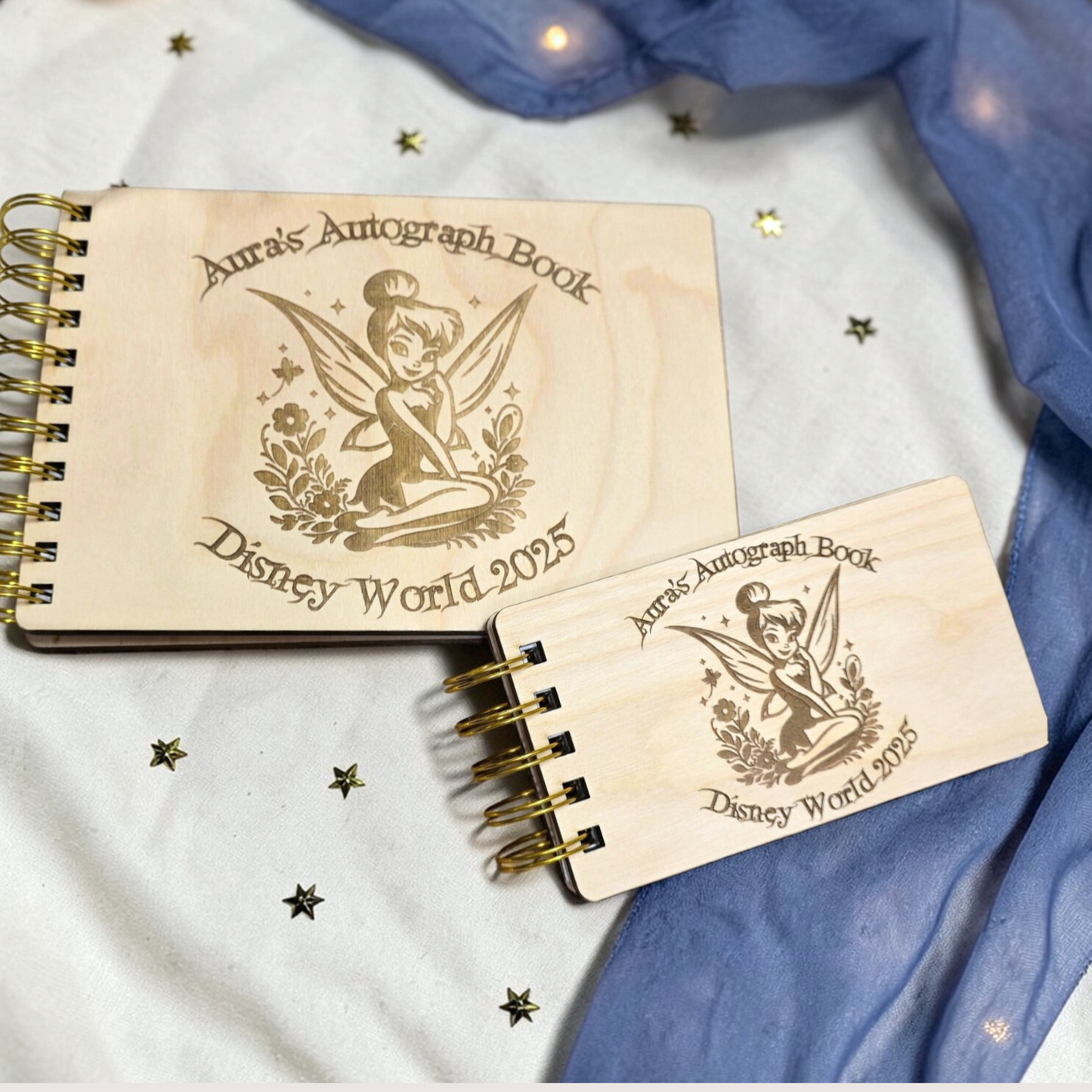 Custom Engraved Fairy Tink Wood Autograph Book - Personalized Travel Keepsake Journal