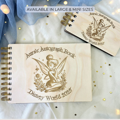 Custom Engraved Fairy Tink Wood Autograph Book - Personalized Travel Keepsake Journal