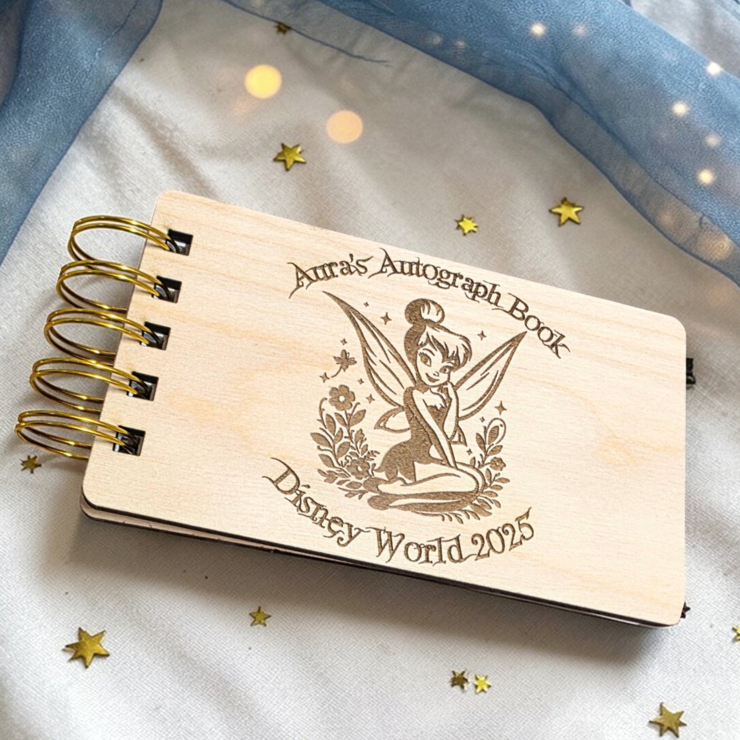 Custom Engraved Fairy Tink Wood Autograph Book - Personalized Travel Keepsake Journal