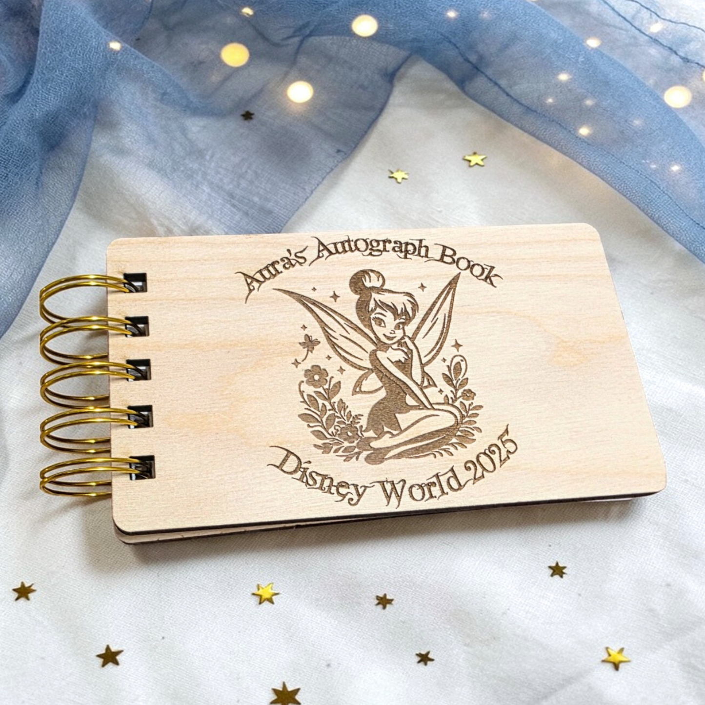 Custom Engraved Fairy Tink Wood Autograph Book - Personalized Travel Keepsake Journal
