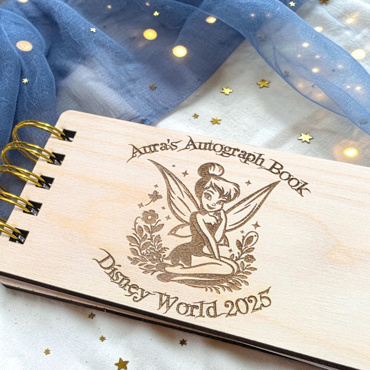 Custom Engraved Fairy Tink Wood Autograph Book - Personalized Travel Keepsake Journal