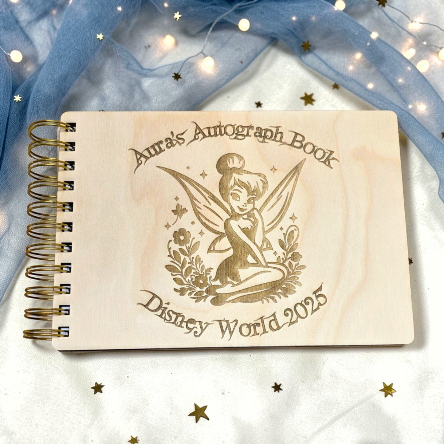 Custom Engraved Fairy Tink Wood Autograph Book - Personalized Travel Keepsake Journal