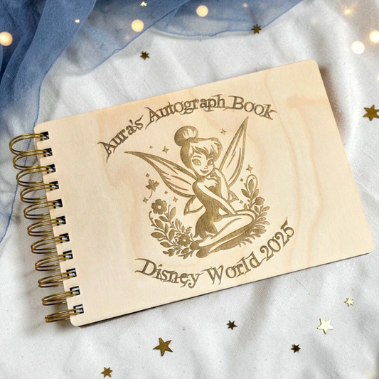 Custom Engraved Fairy Tink Wood Autograph Book - Personalized Travel Keepsake Journal