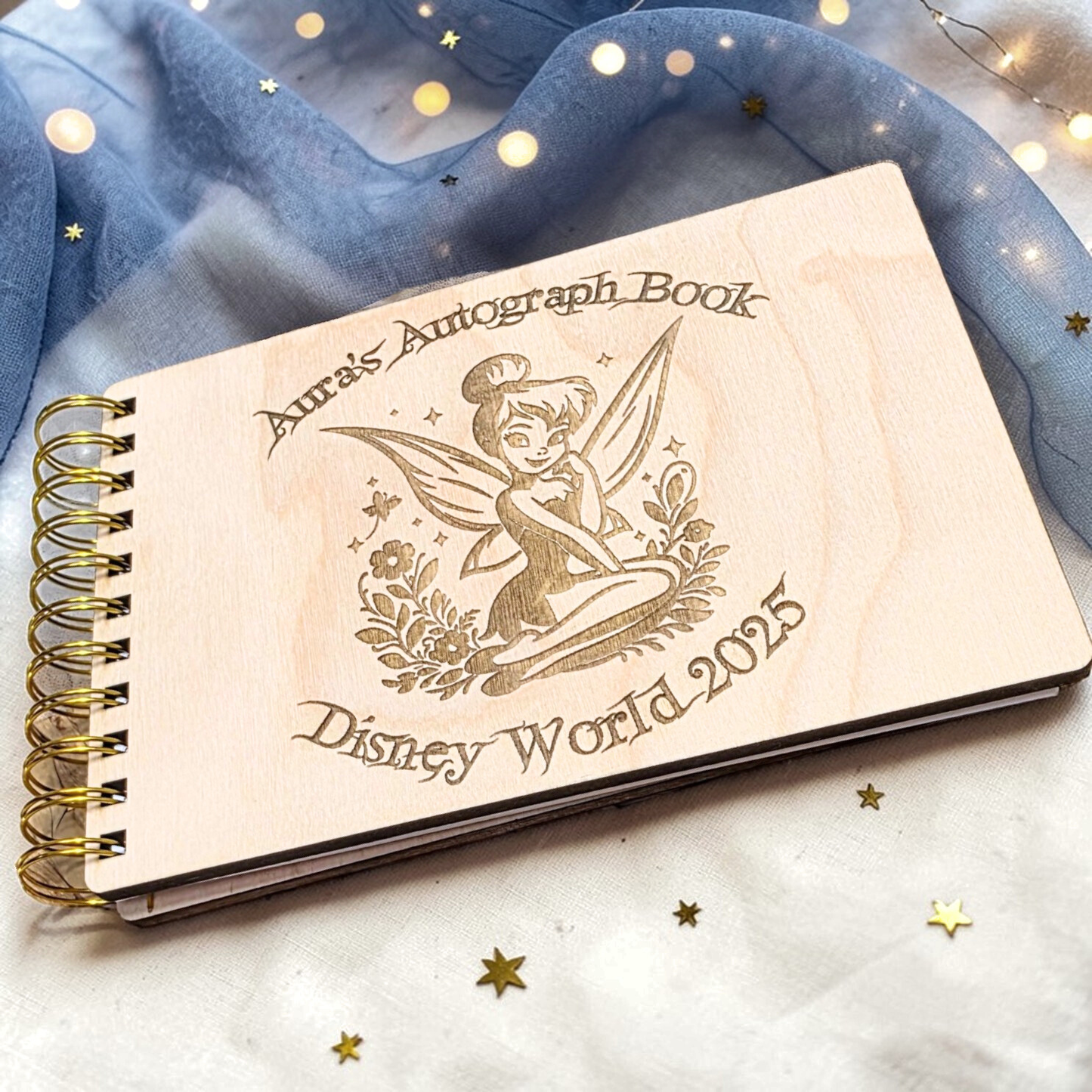 Custom Engraved Fairy Tink Wood Autograph Book - Personalized Travel Keepsake Journal