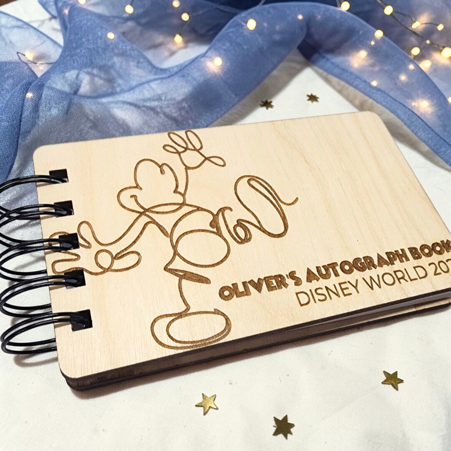 Custom Engraved Line Art Mouse Wood Autograph Book - Personalized Travel Keepsake Journal