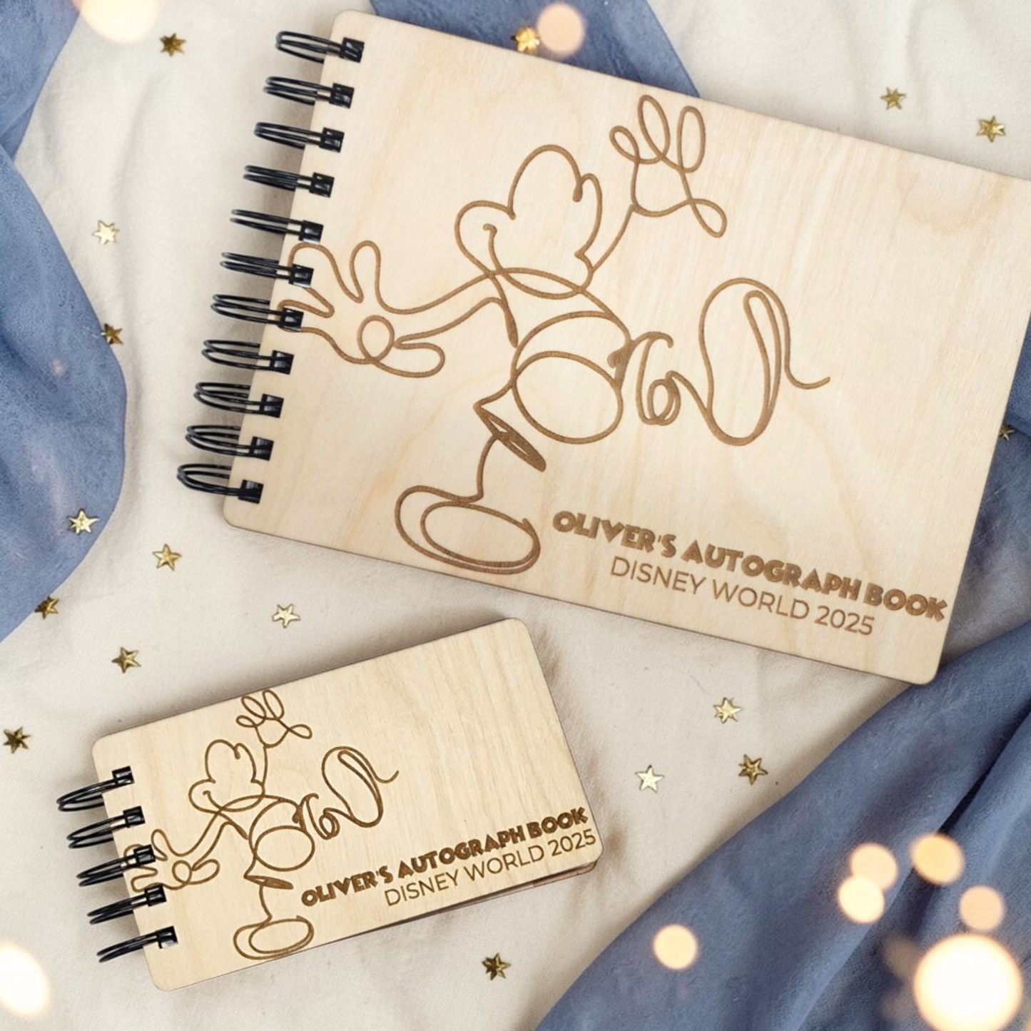 Custom Engraved Line Art Mouse Wood Autograph Book - Personalized Travel Keepsake Journal