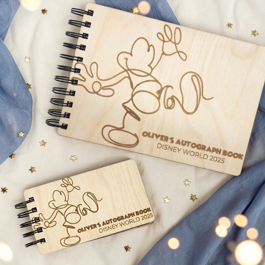 Custom Engraved Line Art Mouse Wood Autograph Book - Personalized Travel Keepsake Journal