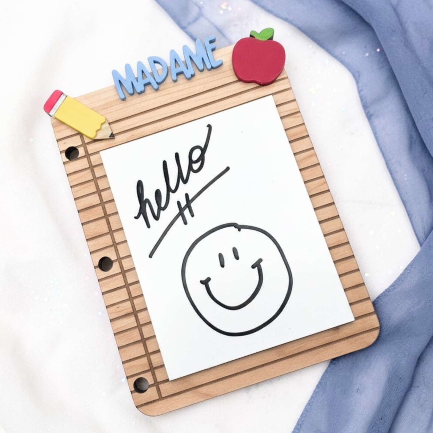 Personalized Teacher Dry Erase Memo Board - Lined Paper Design with Acrylic Name - Apple & Pencil Motif