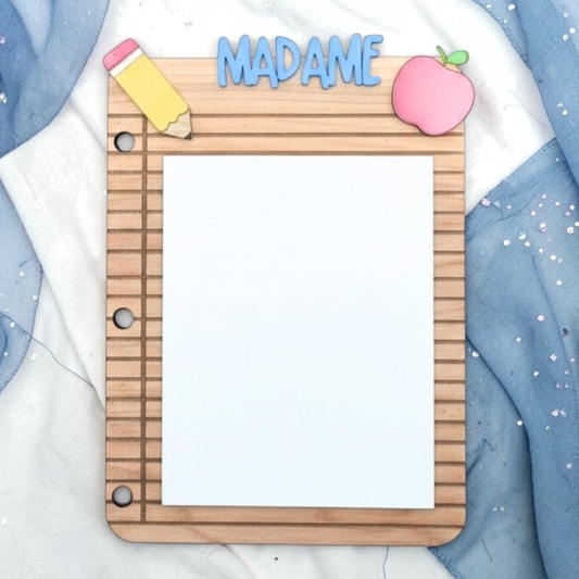 Personalized Teacher Dry Erase Memo Board - Lined Paper Design with Acrylic Name - Apple & Pencil Motif
