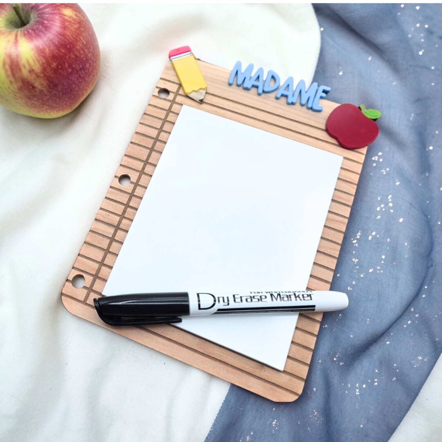 Personalized Teacher Dry Erase Memo Board - Lined Paper Design with Acrylic Name - Apple & Pencil Motif
