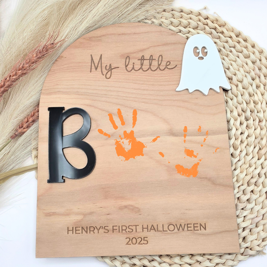 Little Boo Handprint or Footprint Board - Personalized First Halloween Ghost Sign - Baby Keepsake Craft - DIY Spooky Memory