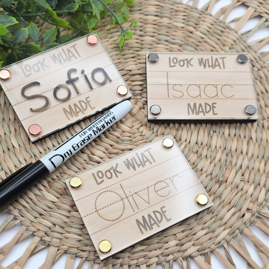 Custom “Look What I Made” Magnet | Dry Erase Name Tag for Kids | Fridge Art Display | Personalized or Blank | Laser Engraved Wood + Acrylic