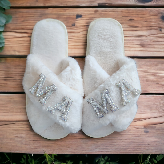 Mama Pearl & Rhinestone Fluffy Slippers