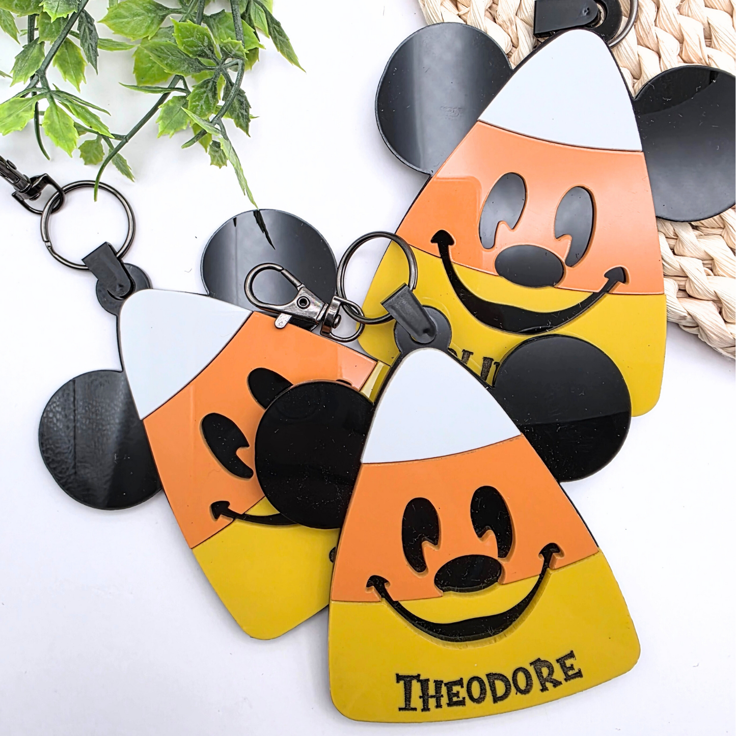 Custom Candy Corn Halloween Bag Tag - Personalized Acrylic Boo Basket Name Keychain  Fall Bag Charm with Iconic Ears