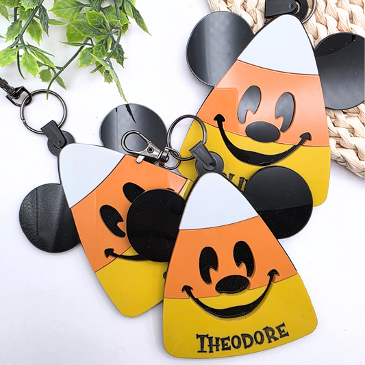 Custom Candy Corn Halloween Bag Tag - Personalized Acrylic Boo Basket Name Keychain  Fall Bag Charm with Iconic Ears