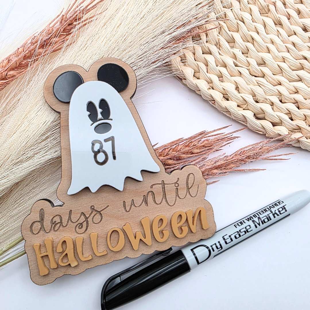 Ghost Countdown to Halloween Magnet: Birch Wood Dry Erase Sign