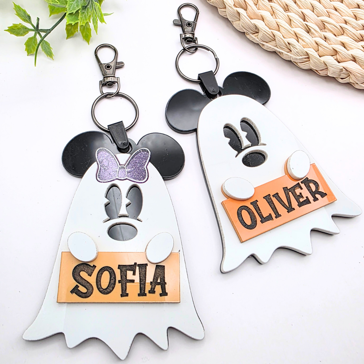 Personalized Ghost Halloween Bag Tag - Boo Basket Name Tag  - Cute Ghost Keychain - Glitter Bow or Classic Ears  - Spooky Gift Idea