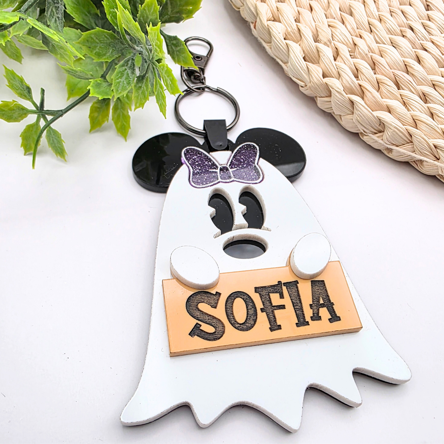 Personalized Ghost Halloween Bag Tag - Boo Basket Name Tag  - Cute Ghost Keychain - Glitter Bow or Classic Ears  - Spooky Gift Idea