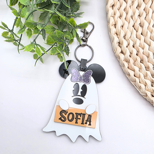 Personalized Ghost Halloween Bag Tag - Boo Basket Name Tag  - Cute Ghost Keychain - Glitter Bow or Classic Ears  - Spooky Gift Idea