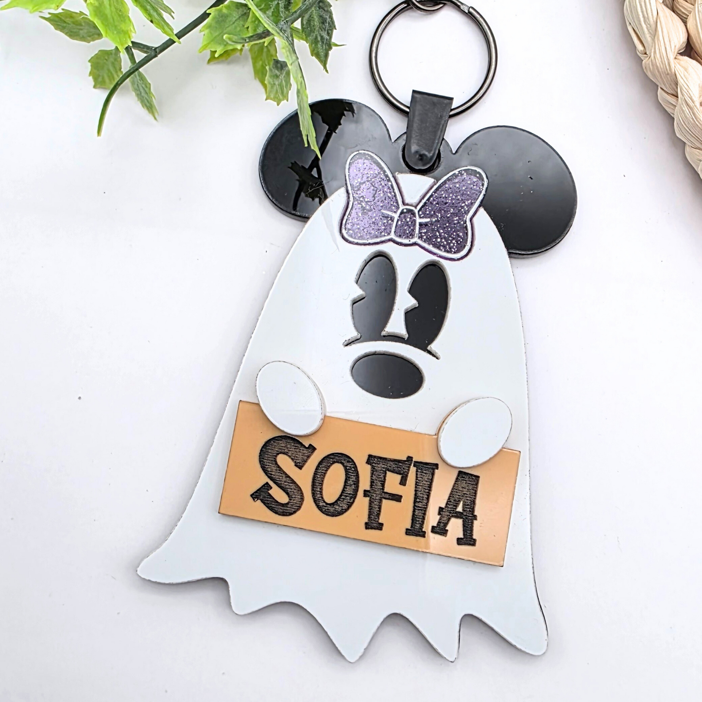 Personalized Ghost Halloween Bag Tag - Boo Basket Name Tag  - Cute Ghost Keychain - Glitter Bow or Classic Ears  - Spooky Gift Idea