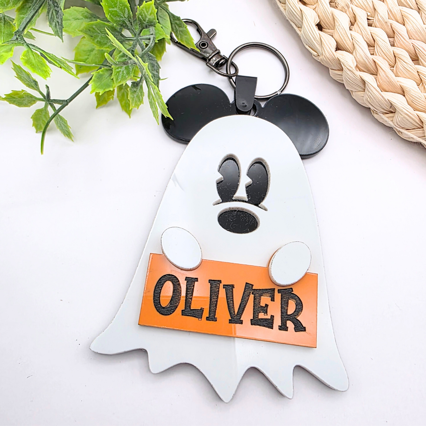 Personalized Ghost Halloween Bag Tag - Boo Basket Name Tag  - Cute Ghost Keychain - Glitter Bow or Classic Ears  - Spooky Gift Idea