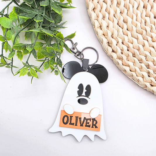 Personalized Ghost Halloween Bag Tag - Boo Basket Name Tag  - Cute Ghost Keychain - Glitter Bow or Classic Ears  - Spooky Gift Idea