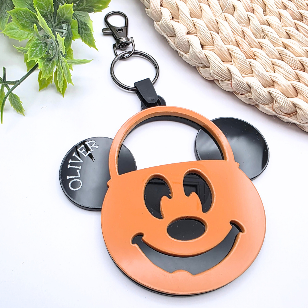 Personalized Pumpkin Bucket Bag Tag | Halloween Keychain with Name | Inspired Boo Basket Tag | Choose Bow or No Bow