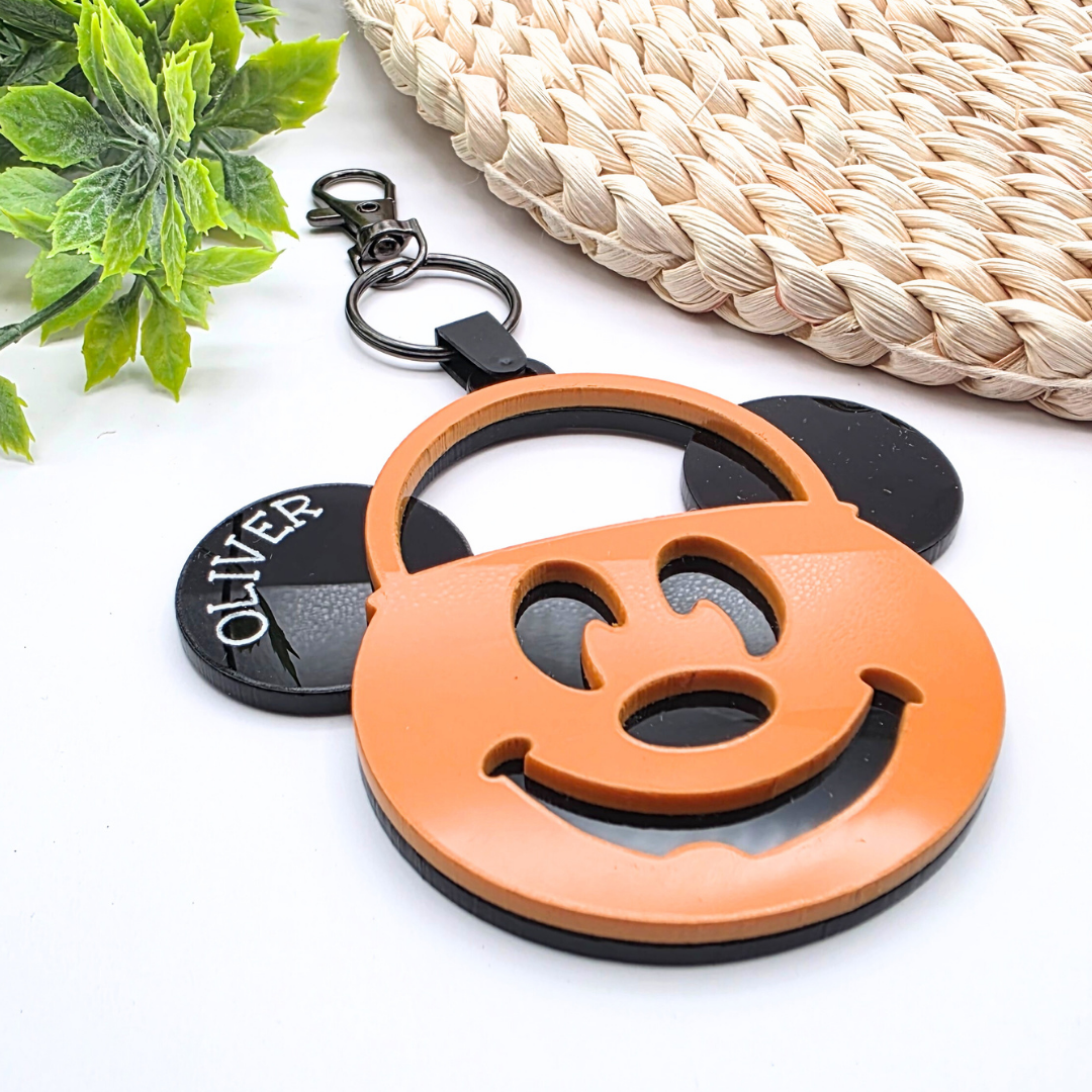 Personalized Pumpkin Bucket Bag Tag | Halloween Keychain with Name | Inspired Boo Basket Tag | Choose Bow or No Bow