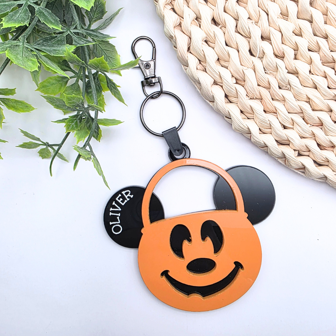 Personalized Pumpkin Bucket Bag Tag | Halloween Keychain with Name | Inspired Boo Basket Tag | Choose Bow or No Bow