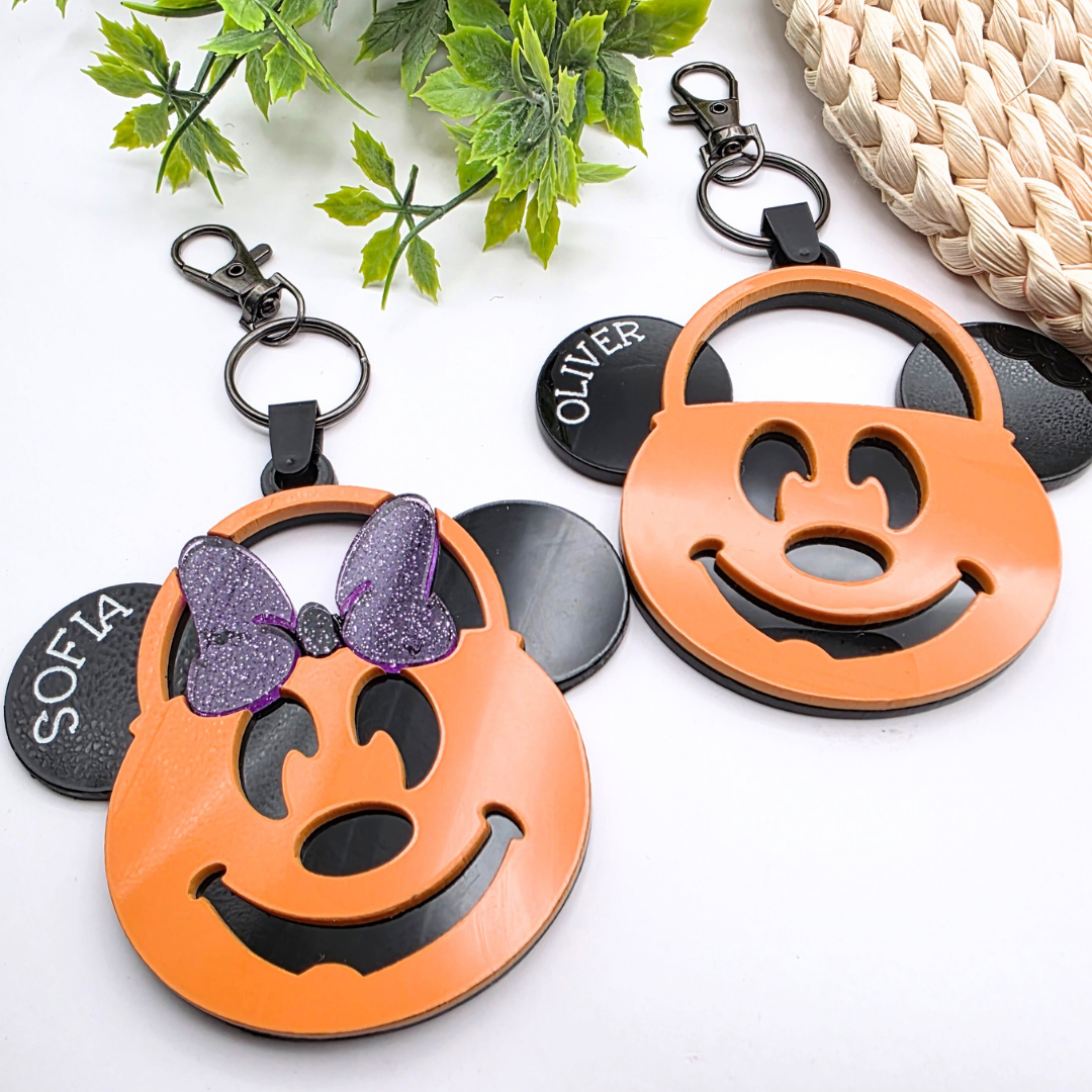 Personalized Pumpkin Bucket Bag Tag | Halloween Keychain with Name | Inspired Boo Basket Tag | Choose Bow or No Bow