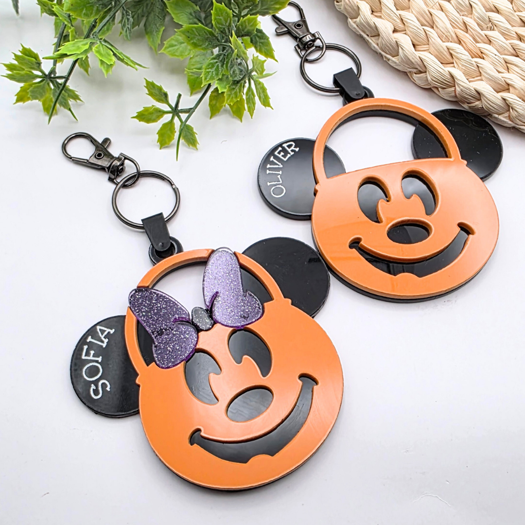 Personalized Pumpkin Bucket Bag Tag | Halloween Keychain with Name | Inspired Boo Basket Tag | Choose Bow or No Bow