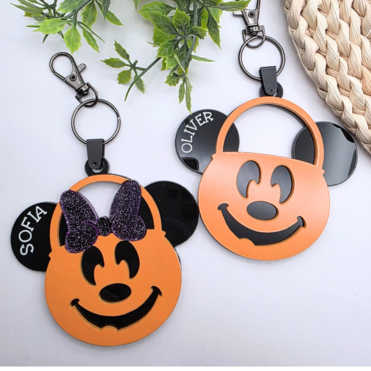 Personalized Pumpkin Bucket Bag Tag | Halloween Keychain with Name | Inspired Boo Basket Tag | Choose Bow or No Bow